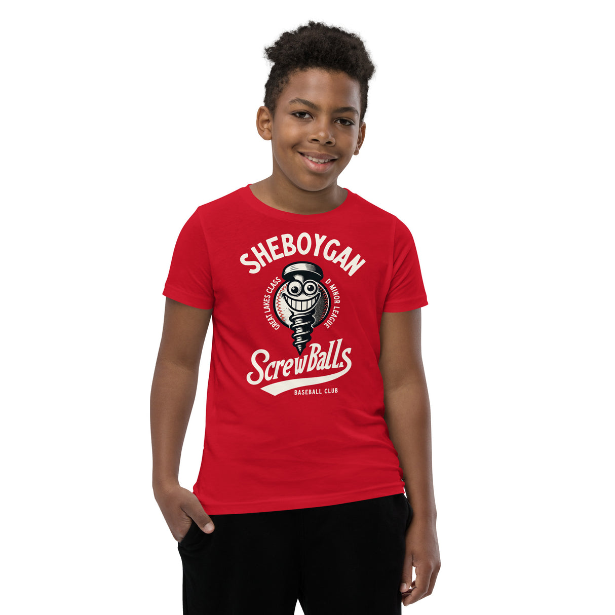 Young boy wearing Sheboygan Screwballs youth t-shirt in heather red with vintage baseball design