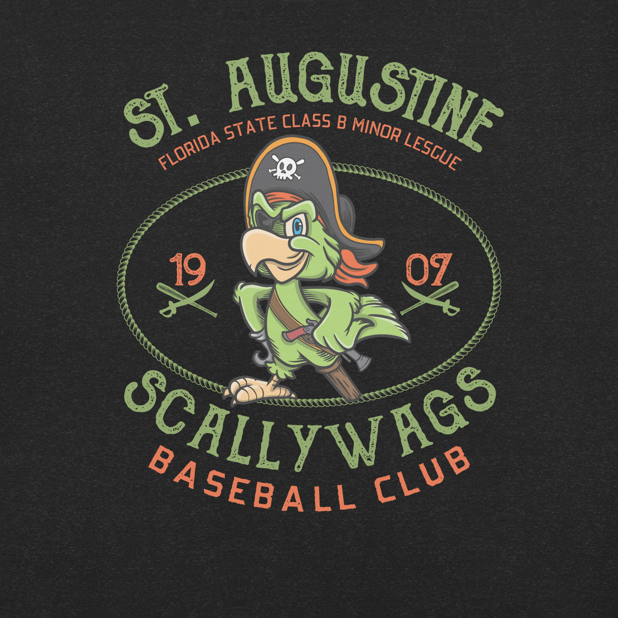Close-up of pirate parrot mascot design on the St. Augustine Scallywags t-shirt in Heather Black