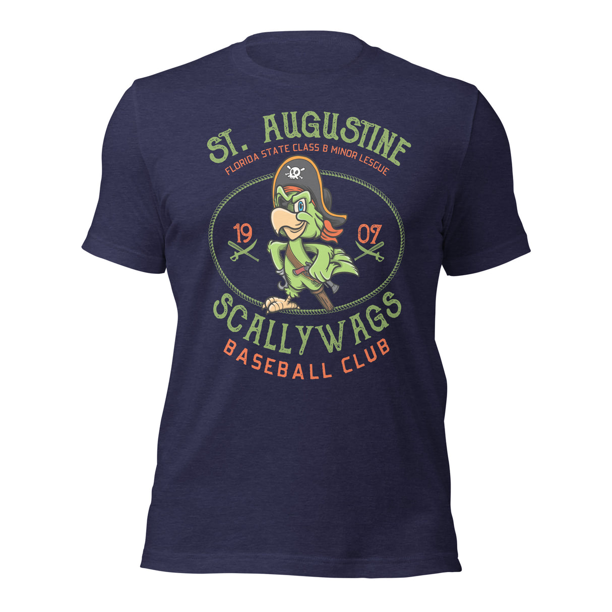 Flat lay front of the Outfield Outlaws St. Augustine Scallywags tee in Heather Navy with vintage pirate parrot mascot