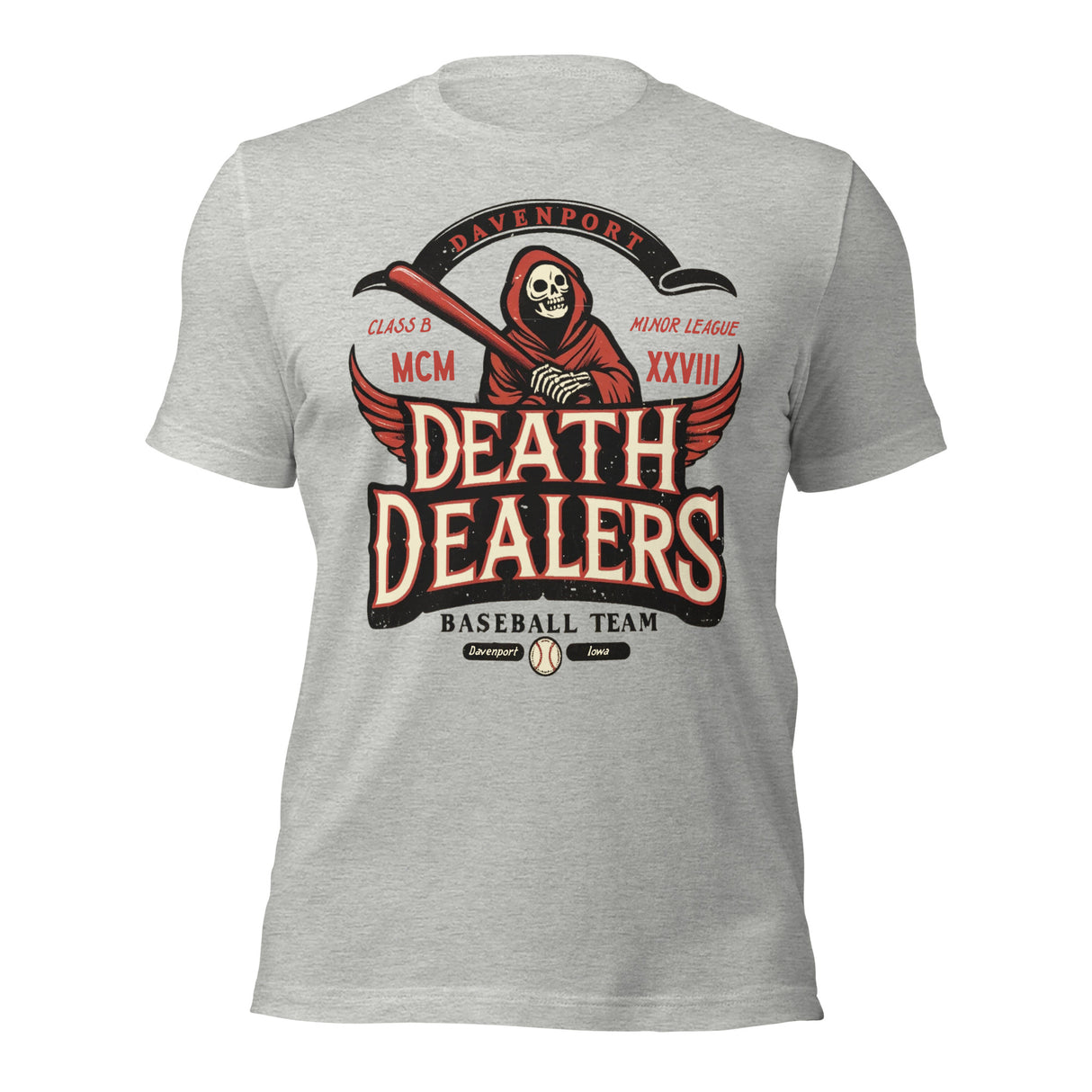 Davenport Death Dealers mascot grey shirt – front view of retro baseball tee