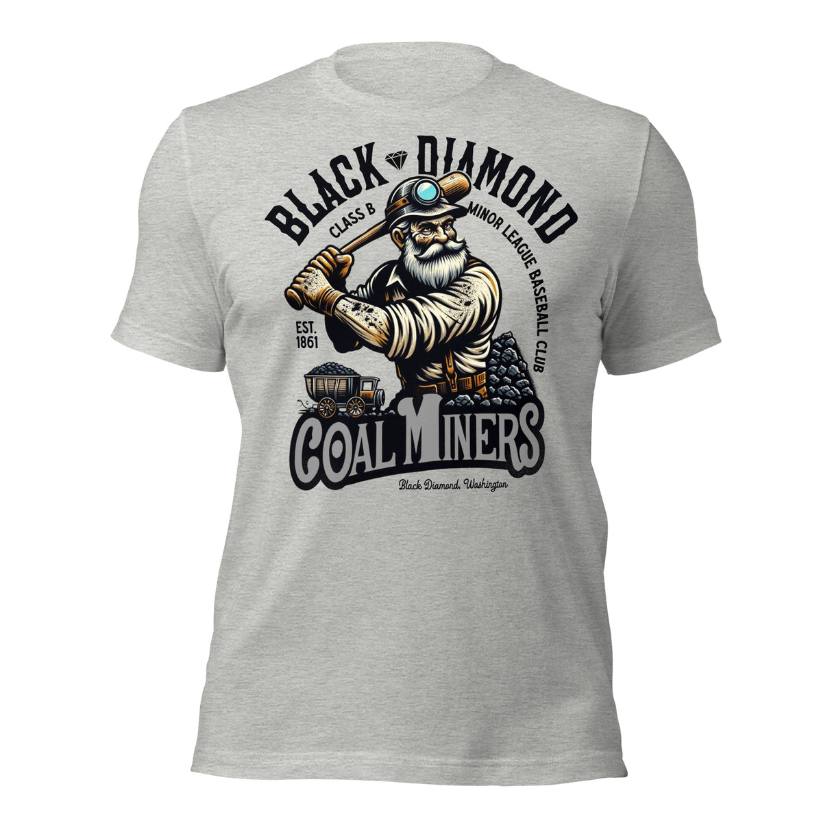 Black Diamond Coal Miners mascot grey shirt – front view of vintage baseball tee