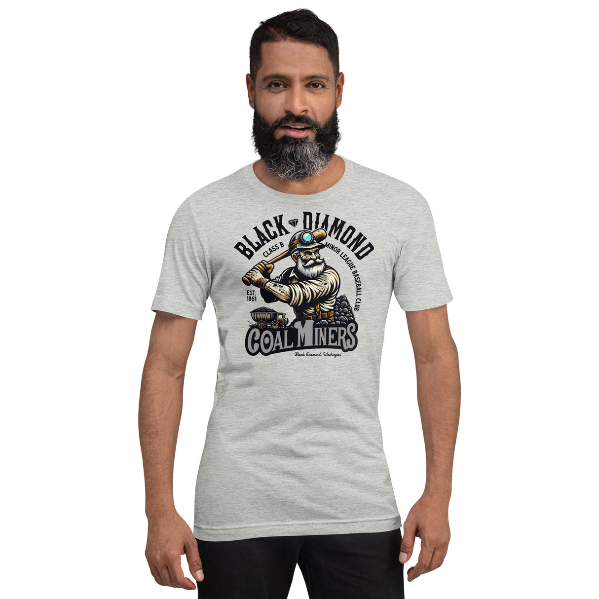 Male model wearing Black Diamond Coal Miners shirt – funny diamond coal miners team shirt in vintage style