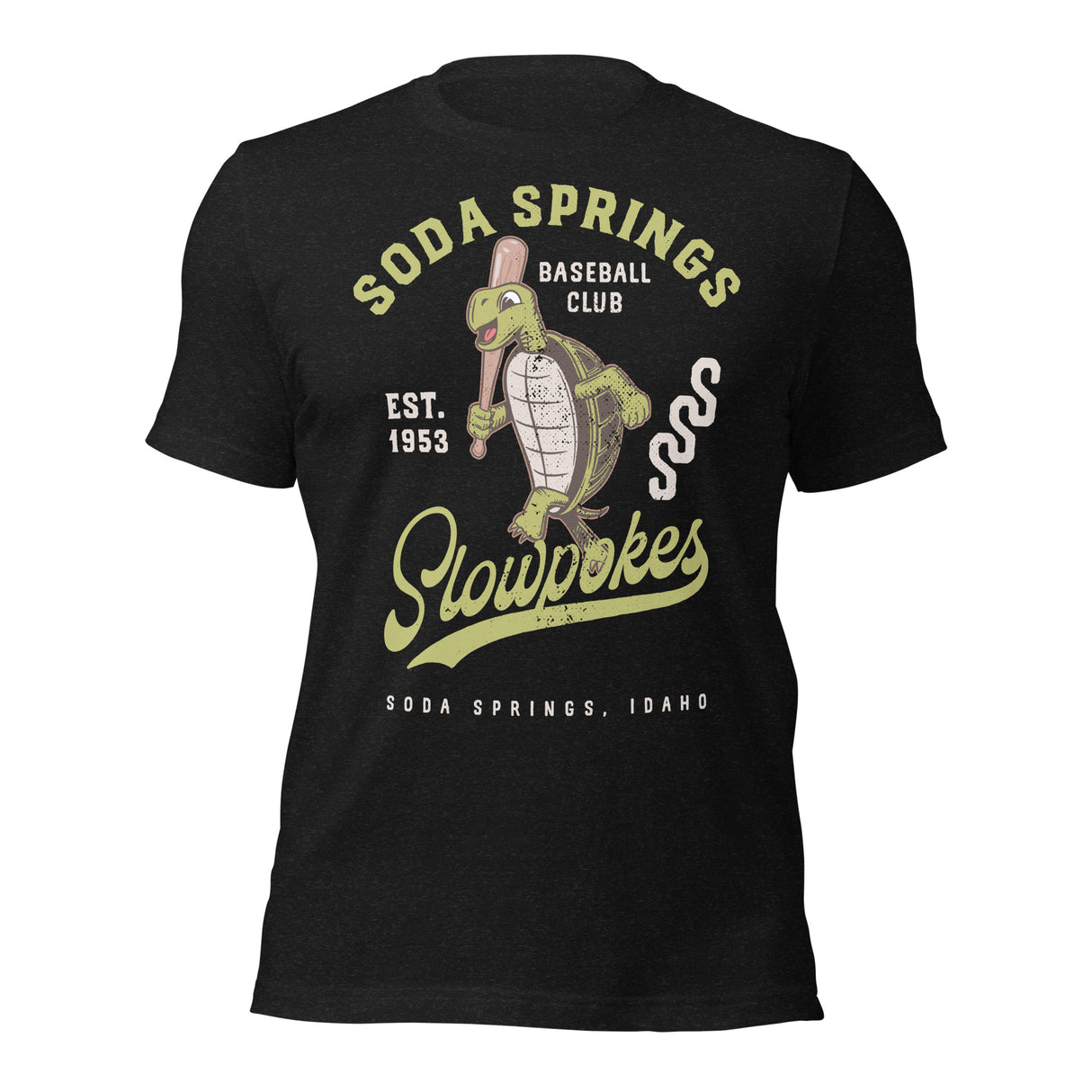 Soda Springs Slow Pokes mascot shirt – front view of retro baseball tee