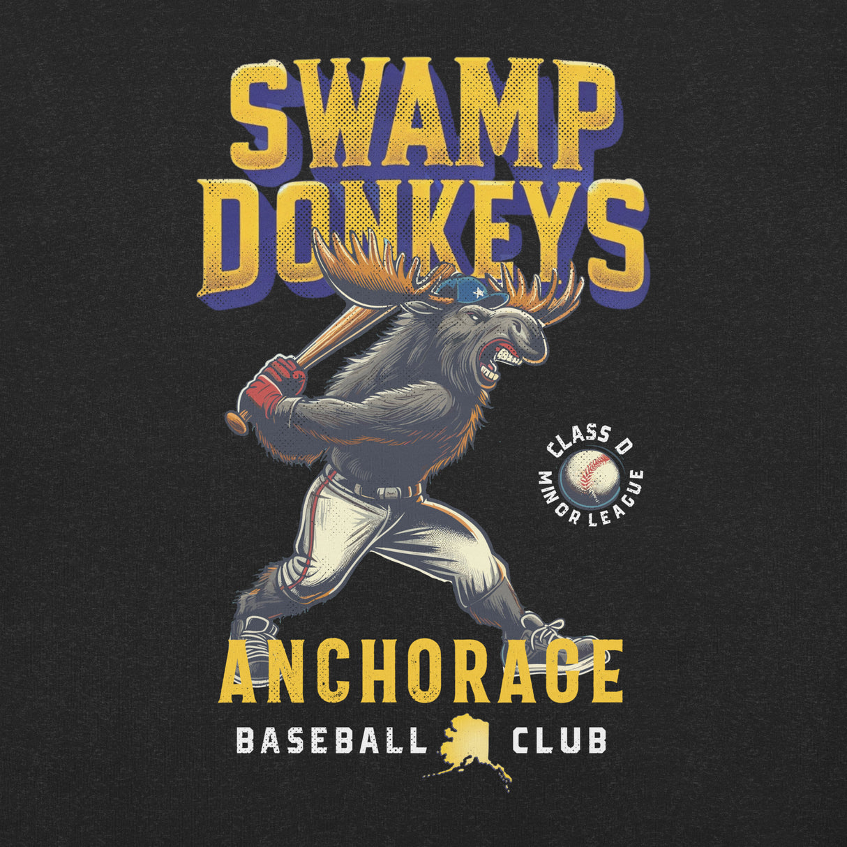 Anchorage Swamp Donkeys mascot t-shirt – moose baseball design