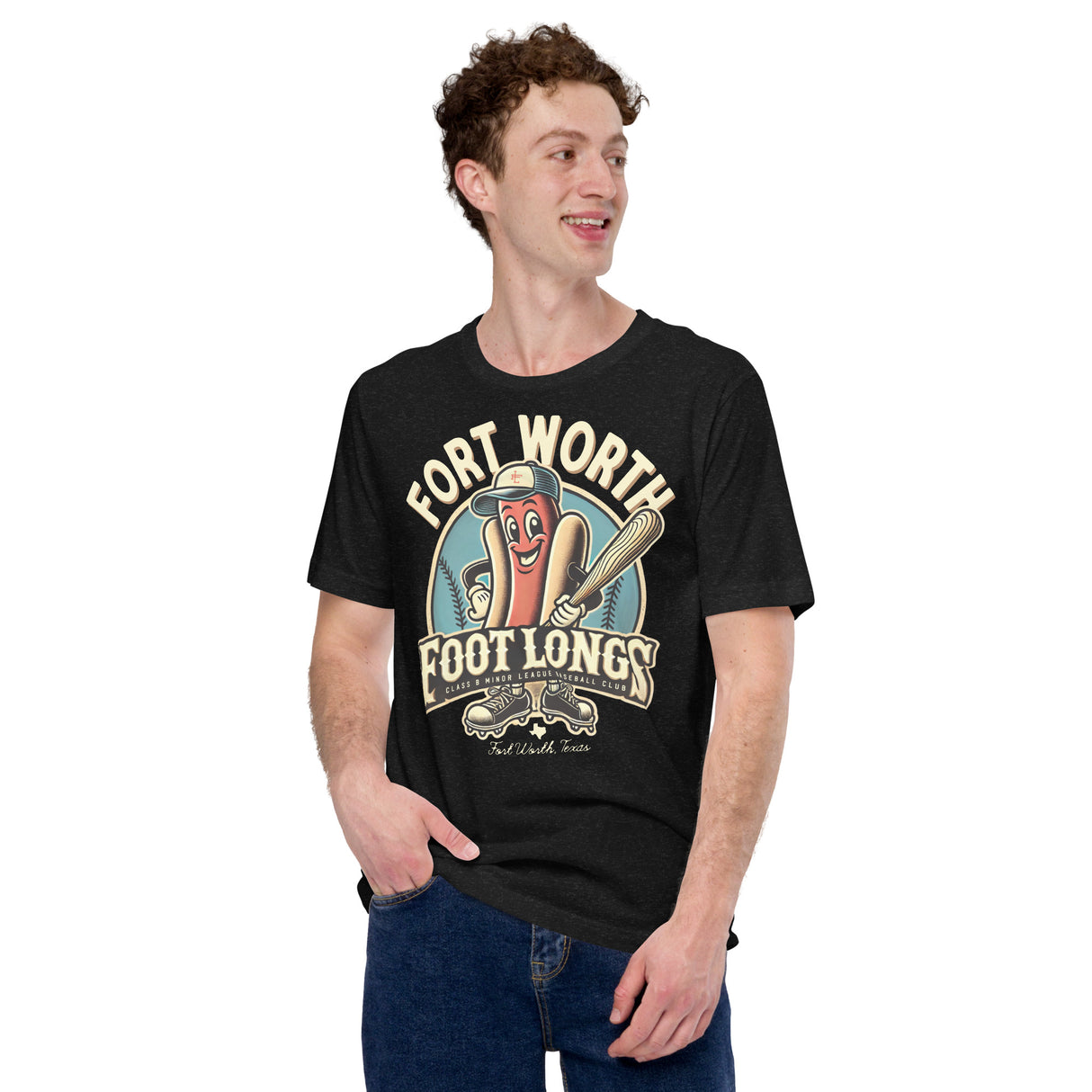 Model wearing Fort Worth Footlongs shirt – funny worth footlongs team shirt in vintage style