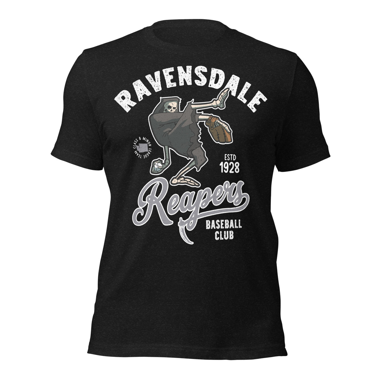 Ravensdale Reapers mascot shirt – front view of vintage baseball tee