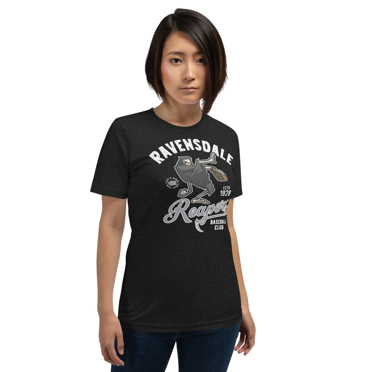 Female model wearing Ravensdale Reapers shirt – funny reapers team shirt in vintage style