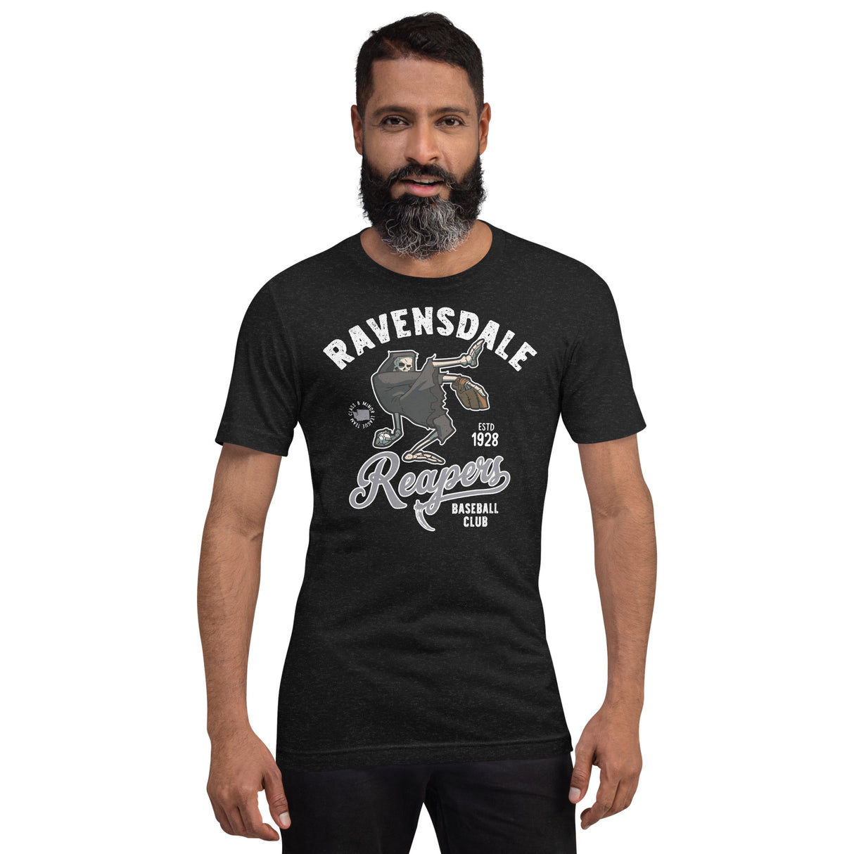 Model wearing Ravensdale Reapers shirt – funny reapers team shirt in vintage style