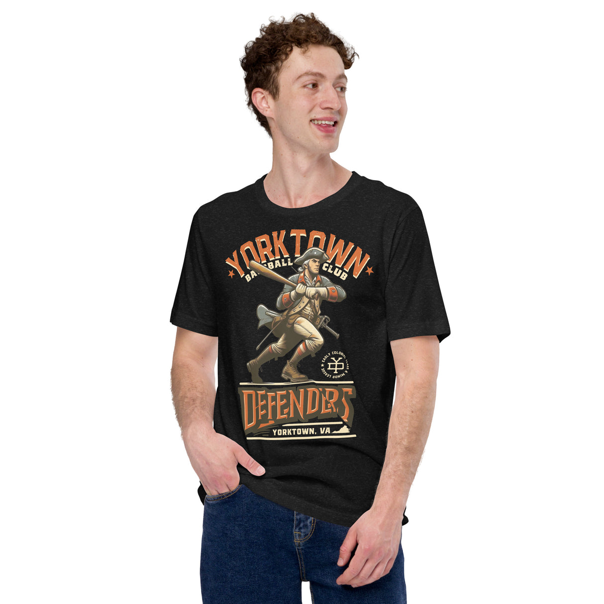 Male model wearing Yorktown Defenders shirt – funny defenders team shirt in vintage style