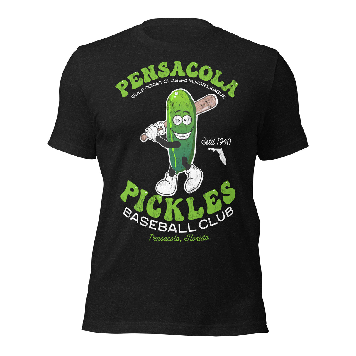 Pensacola Pickles shirt – retro pickle mascot baseball tee front view