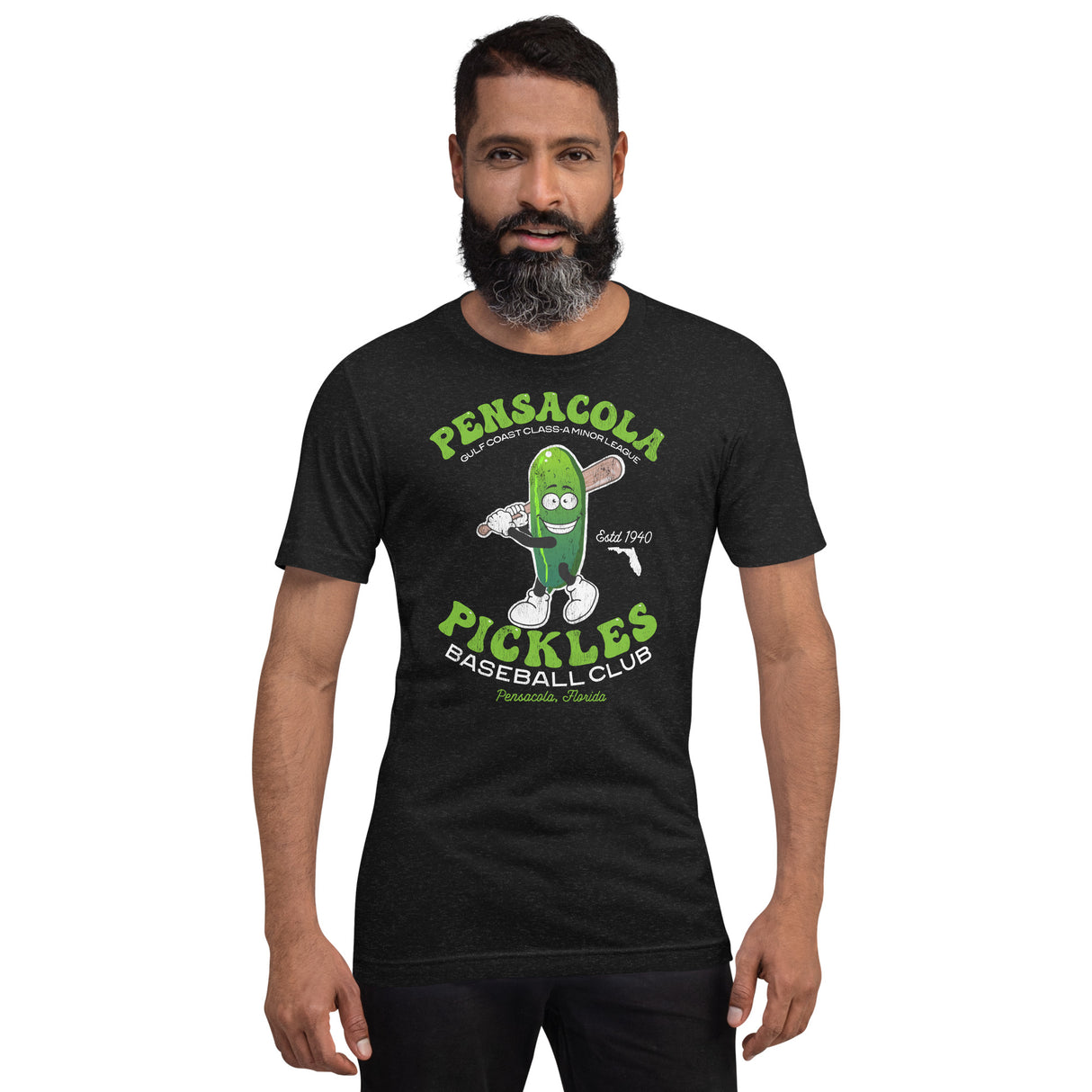 Male model wearing Pensacola Pickles baseball shirt – unisex retro fit for fans