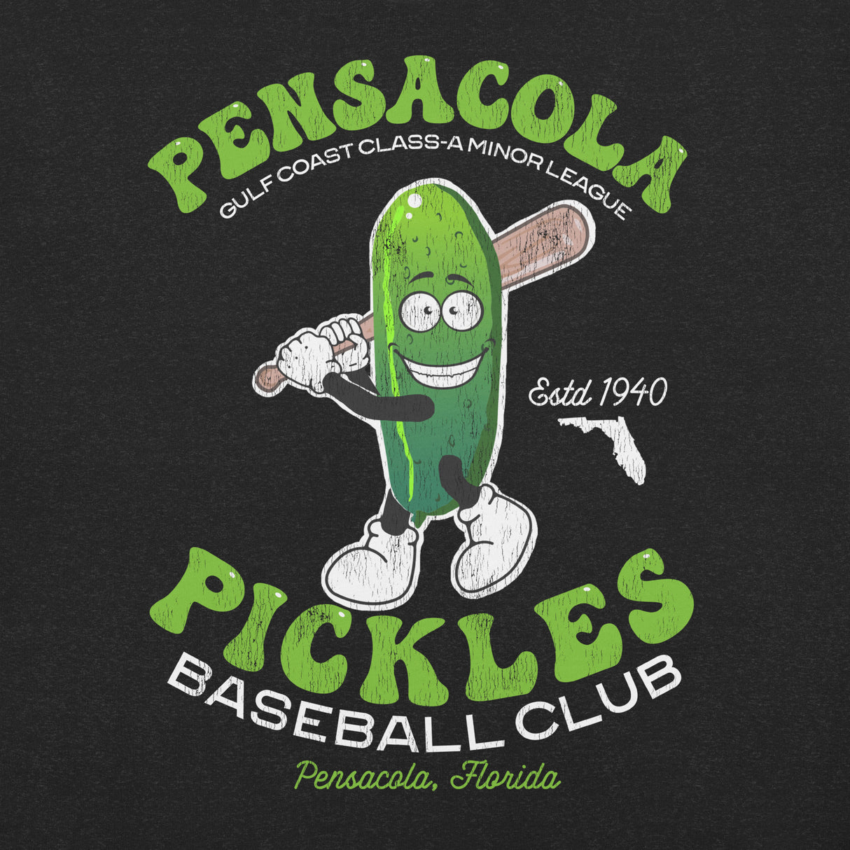Funny pickle mascot detail – vintage cartoon baseball logo on black tee