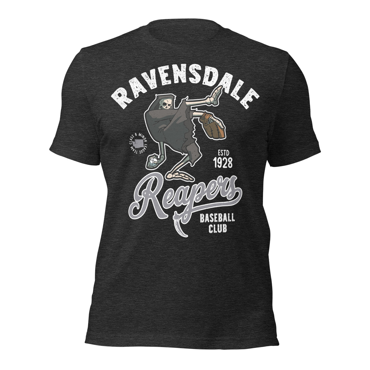 Ravensdale Reapers mascot shirt – front view of retro baseball tee