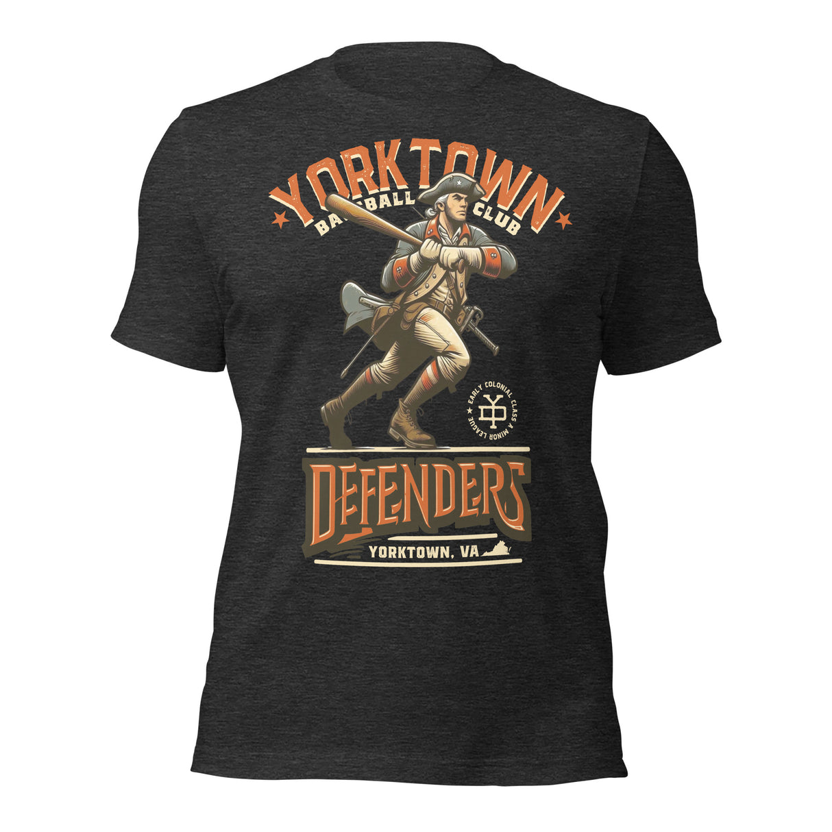 Yorktown Defenders mascot shirt – front view of grey retro baseball tee