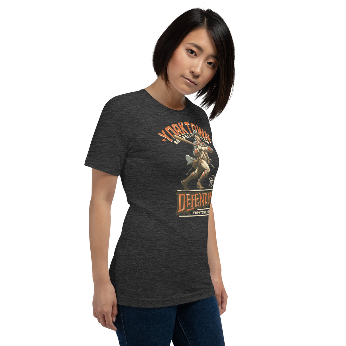 Female model wearing Yorktown Defenders shirt – funny defenders team shirt in vintage style