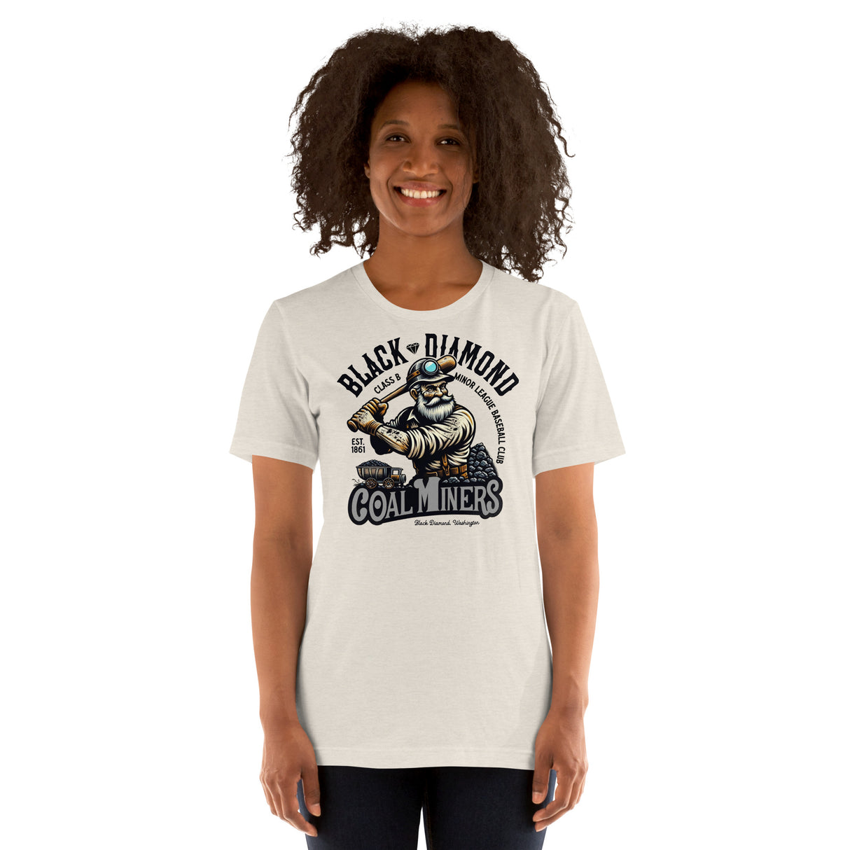 Female model wearing Black Diamond Coal Miners shirt – funny diamond coal miners team shirt in vintage style