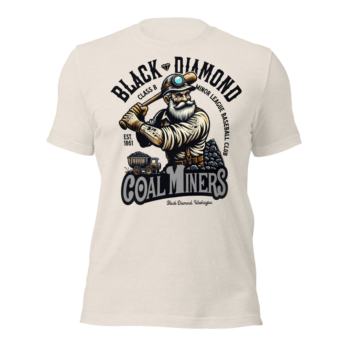 Black Diamond Coal Miners mascot shirt – front view of retro baseball tee