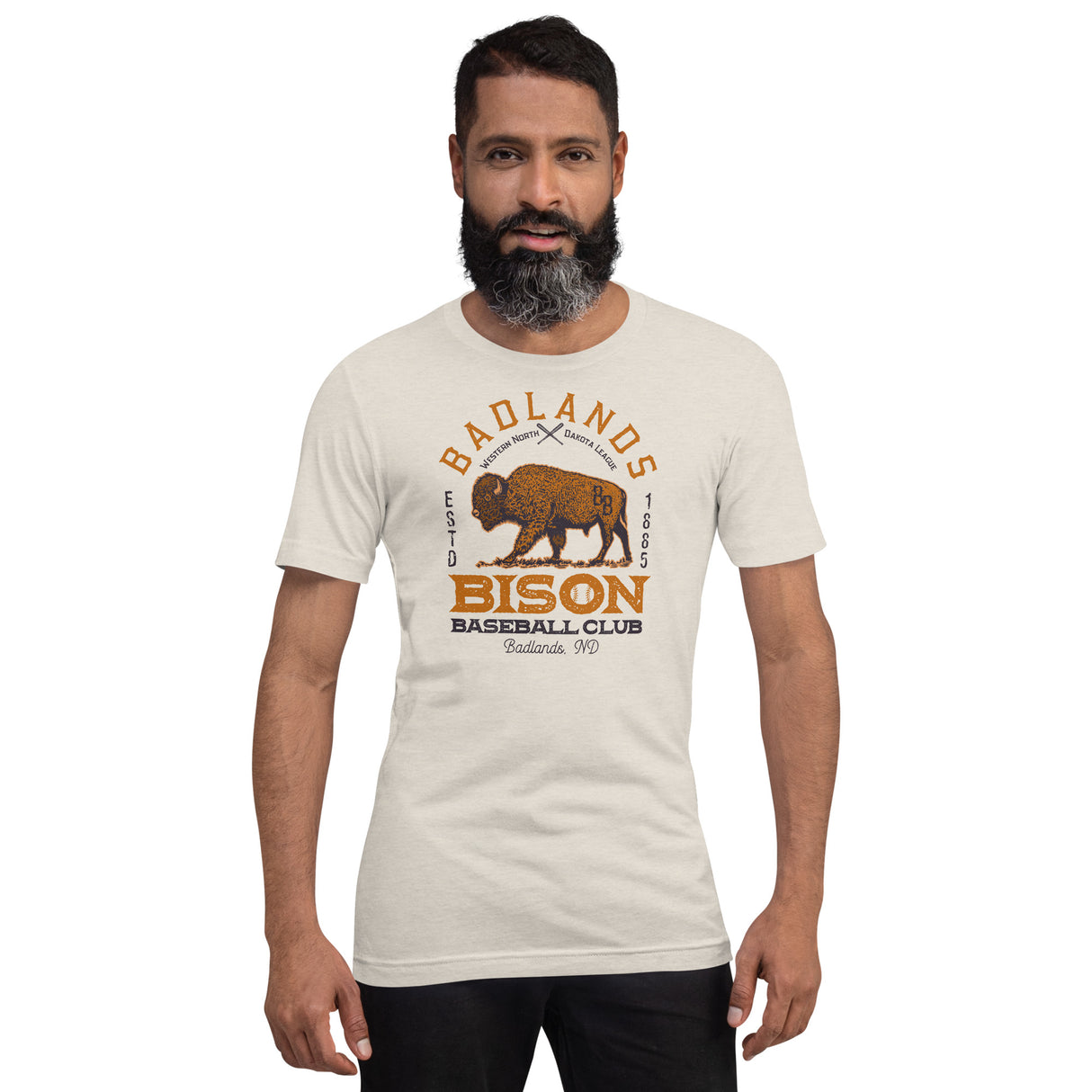 Male model wearing Badlands Bison shirt – funny bison team shirt in vintage style