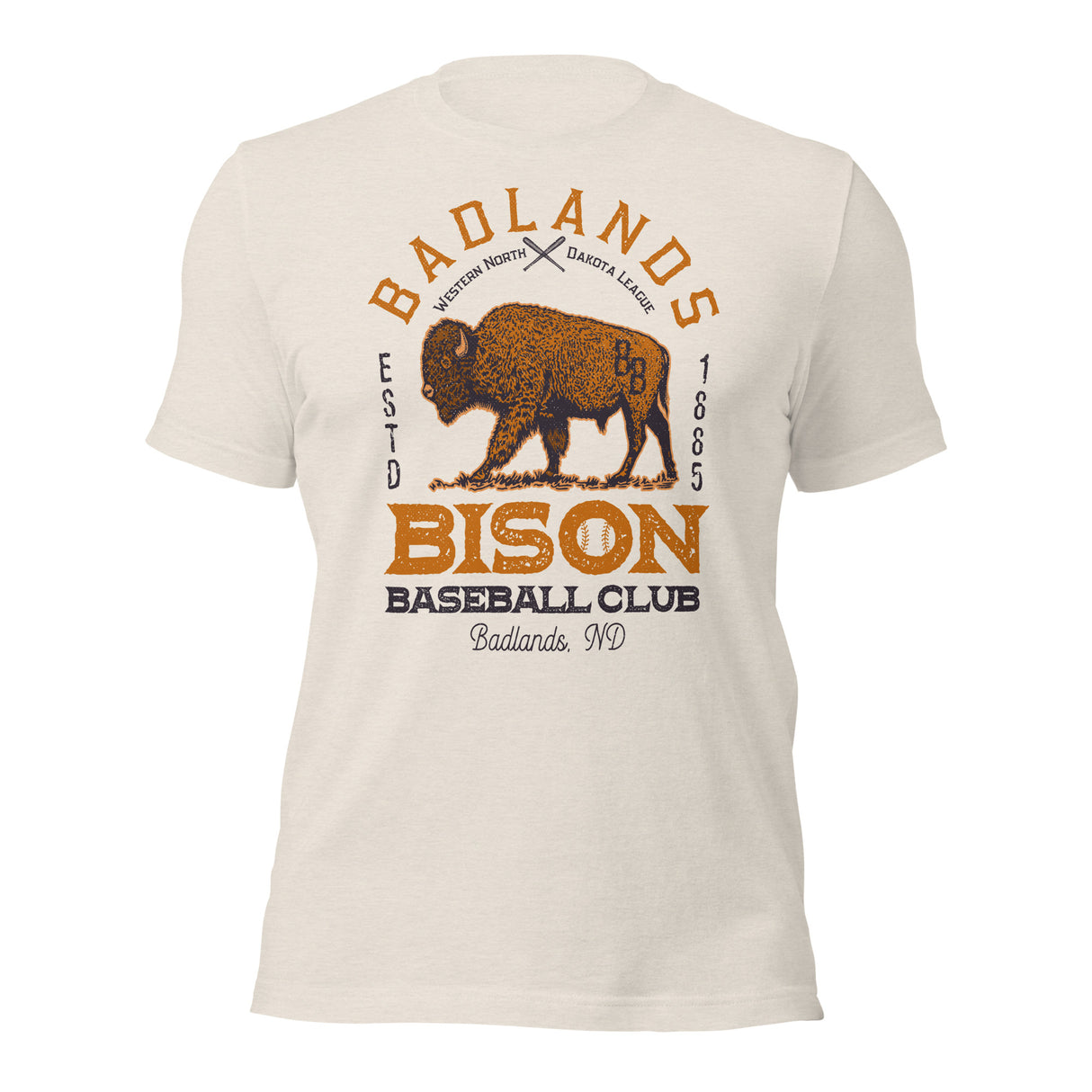 Badlands Bison mascot shirt- front view of retro baseball tee