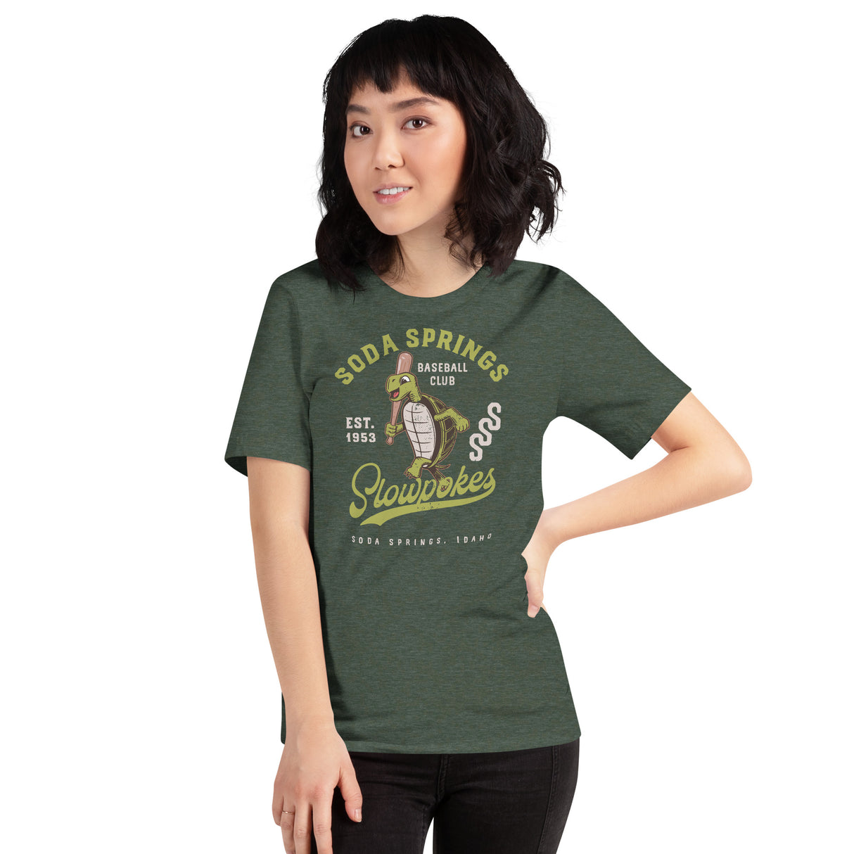 Female model wearing Soda Springs Slow Pokes shirt – funny springs slow pokes team shirt in vintage style