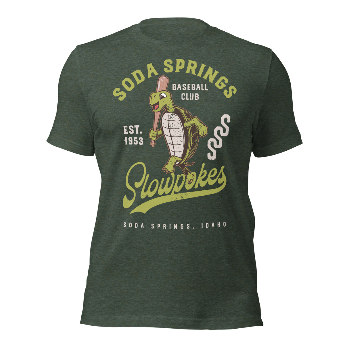 Soda Springs Slow Pokes mascot green shirt – front view of retro baseball tee