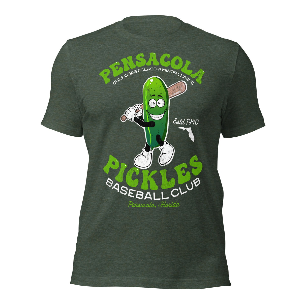 Pensacola Pickles green shirt – funny pickle mascot baseball tee front view