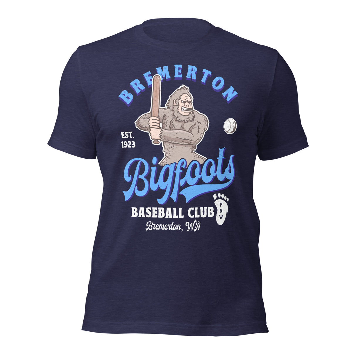 Bremerton Bigfoots mascot navy shirt – front view of funny cryptid baseball tee