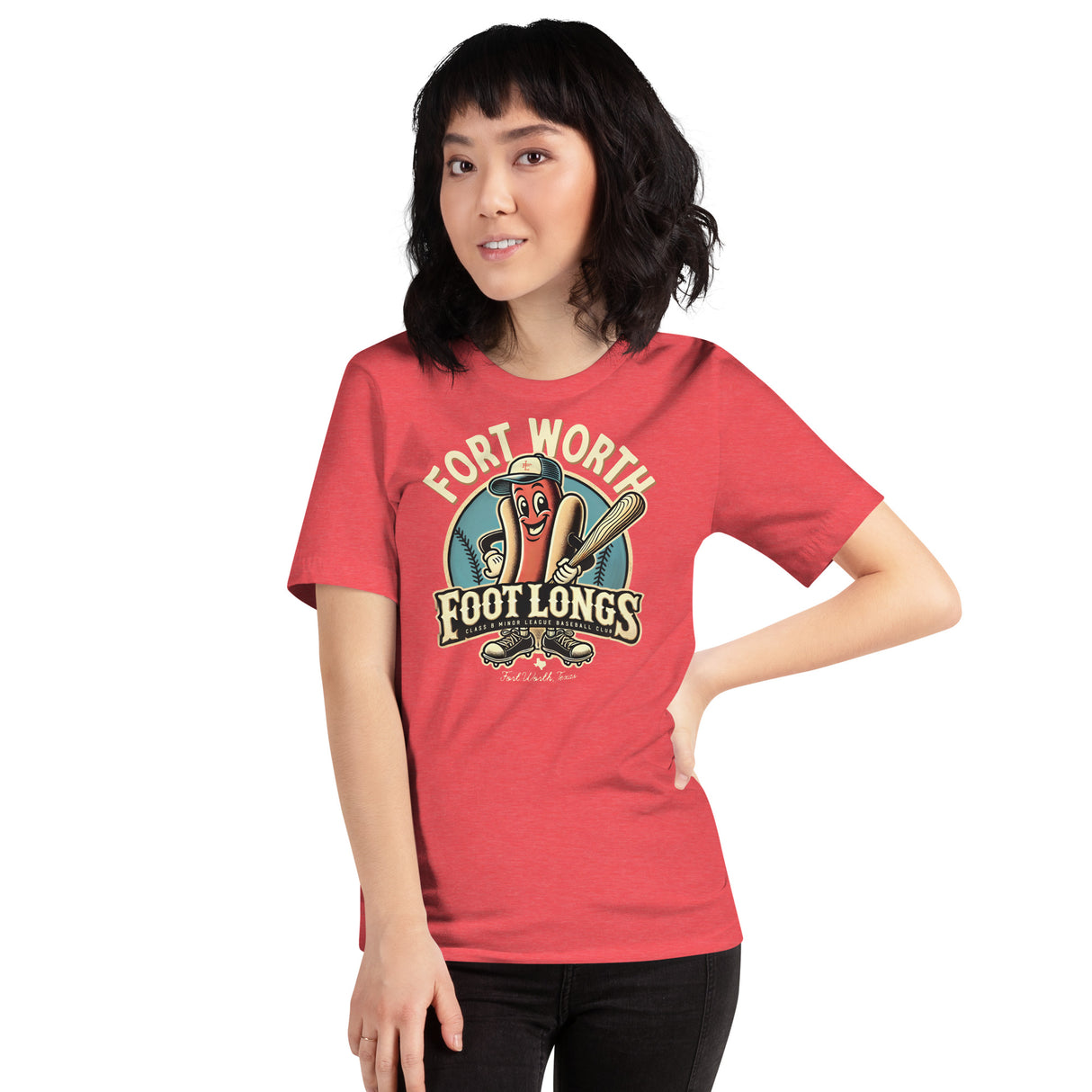 Female model wearing Fort Worth Footlongs shirt – funny worth footlongs team shirt in vintage style