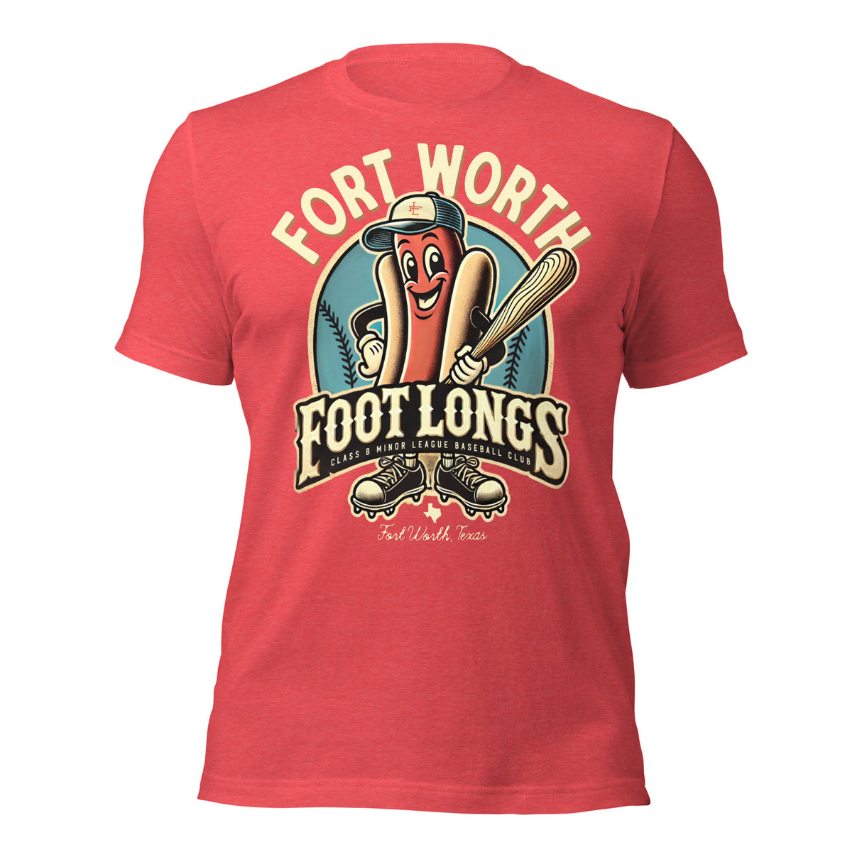 Fort Worth Footlongs mascot red shirt – front view of retro baseball tee