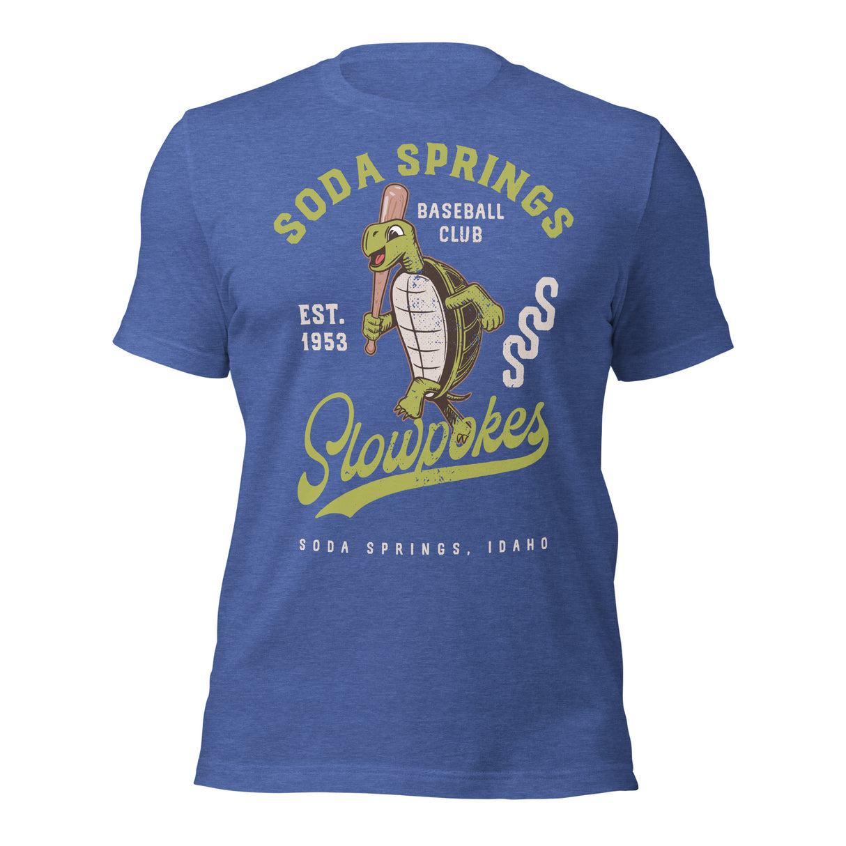 Soda Springs Slow Pokes mascot royal blue shirt – front view of funny baseball tee