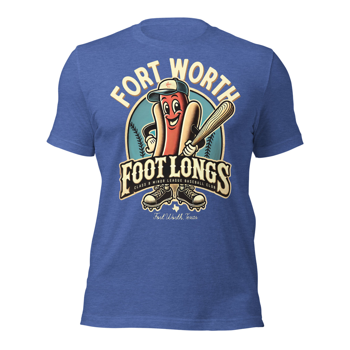 Fort Worth Footlongs mascot royal blue shirt – front view of retro baseball tee