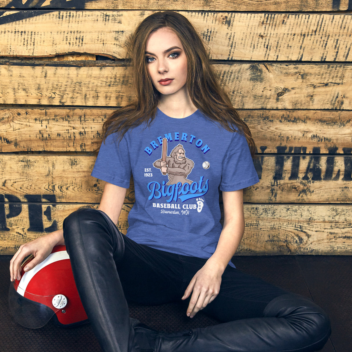 Female model wearing Bremerton Bigfoots shirt – funny bigfoots team shirt in vintage style