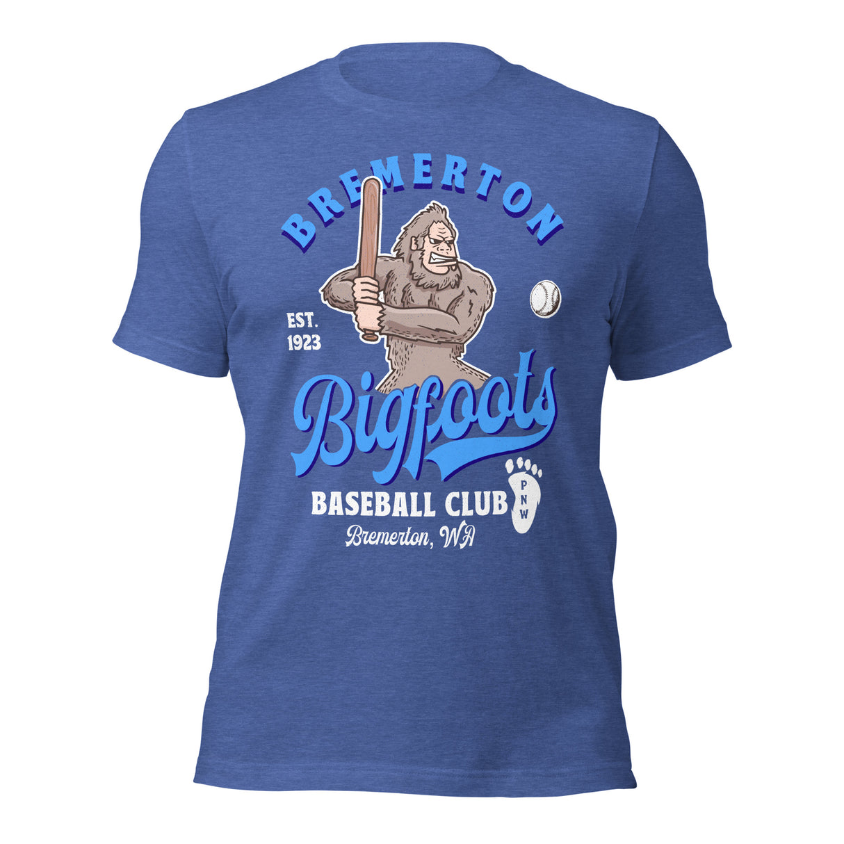 Bremerton Bigfoots mascot royal blue shirt – front view of retro baseball tee