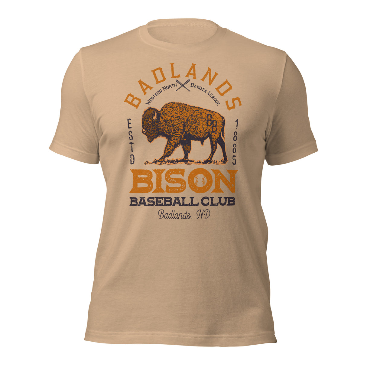 Badlands Bison mascot shirt – front view of brown funny baseball tee