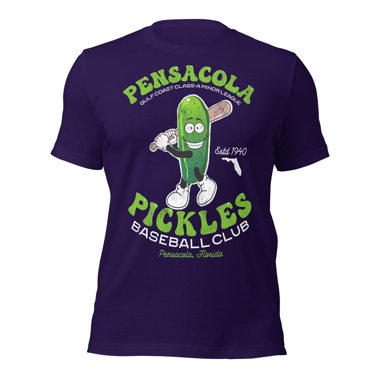 Pensacola Pickles purple shirt – retro pickle mascot baseball tee front view