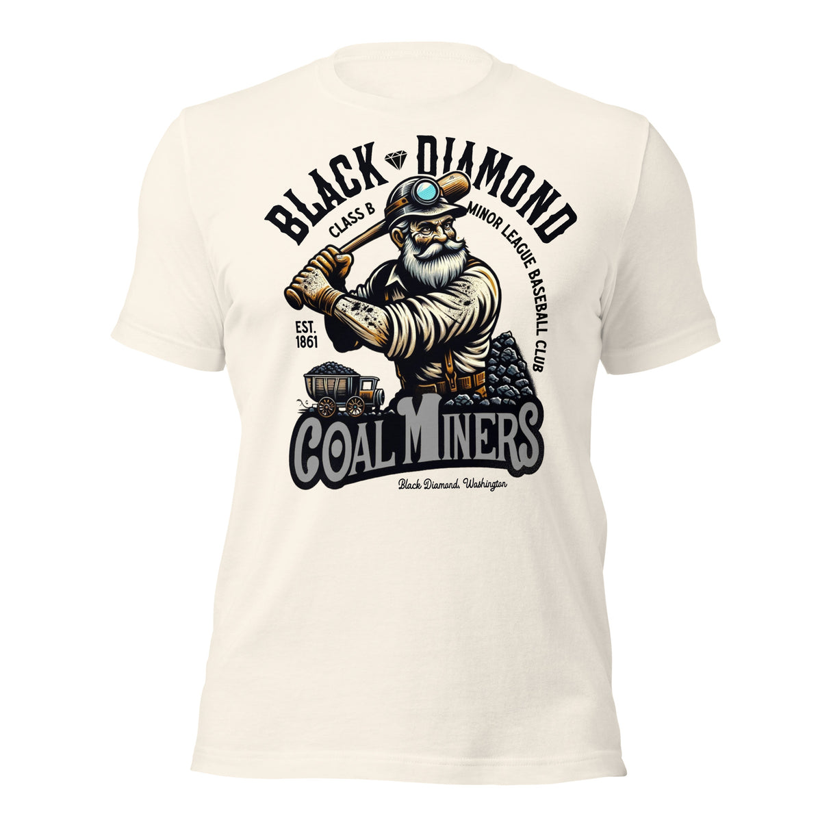 Black Diamond Coal Miners mascot white shirt – front view of retro baseball tee