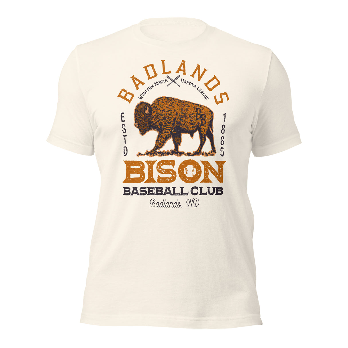 Badlands Bison mascot shirt – front view of white retro baseball tee