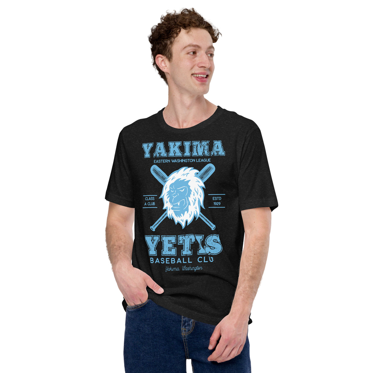 Male model wearing Yakima Yetis retro baseball t-shirt from Outfield Outlaws
