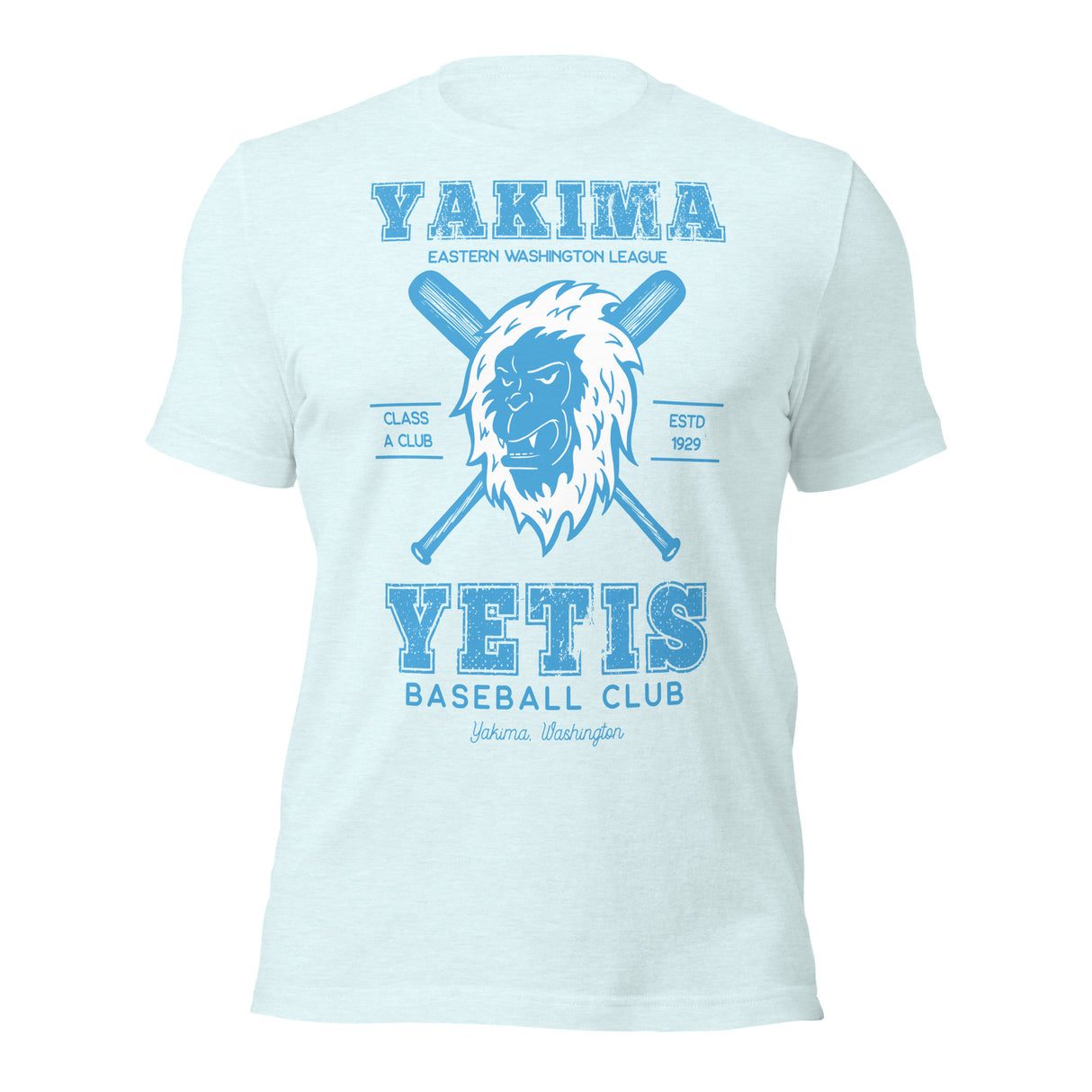 Flat lay of Yakima Yetis retro baseball mascot tee on Bella Canvas unisex t-shirt