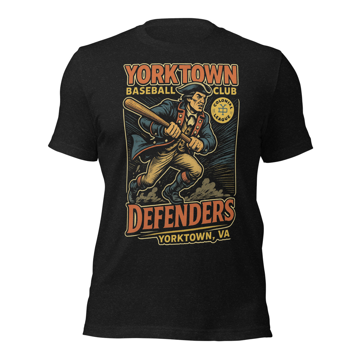 Flat lay of Yorktown Defenders baseball t-shirt in black featuring colonial patriot mascot design on Bella Canvas 3001