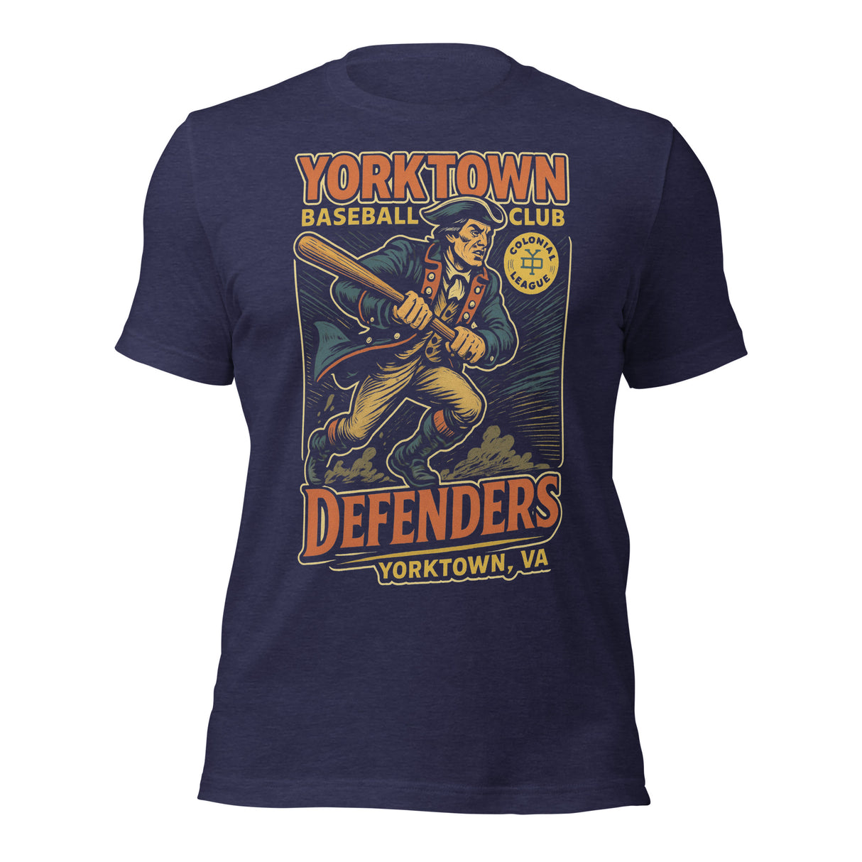 Flat lay of Yorktown Defenders baseball t-shirt in navy featuring colonial patriot mascot design on Bella Canvas 3001