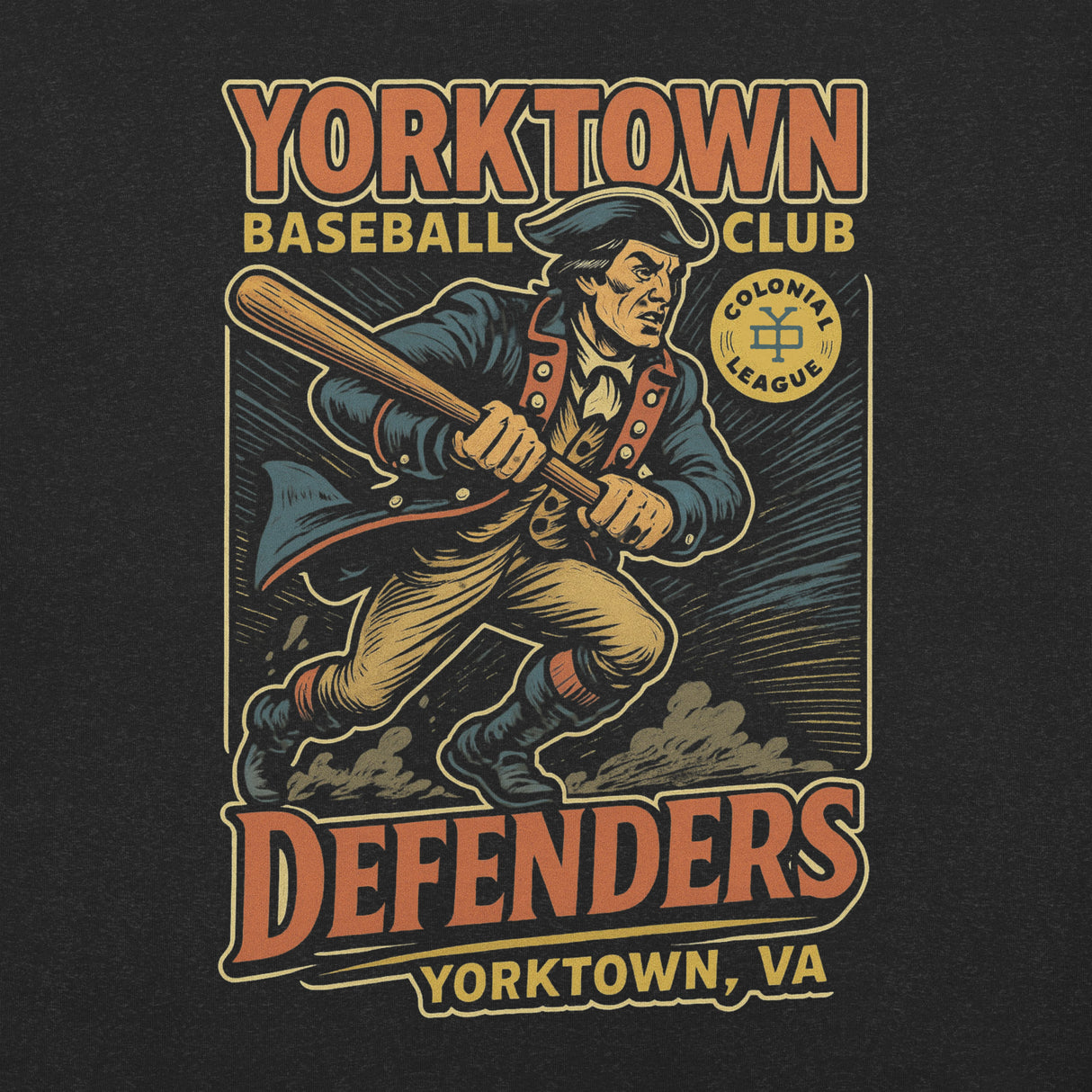 Close-up of Yorktown Defenders colonial baseball mascot graphic with vintage patriotic theme on Bella Canvas tee