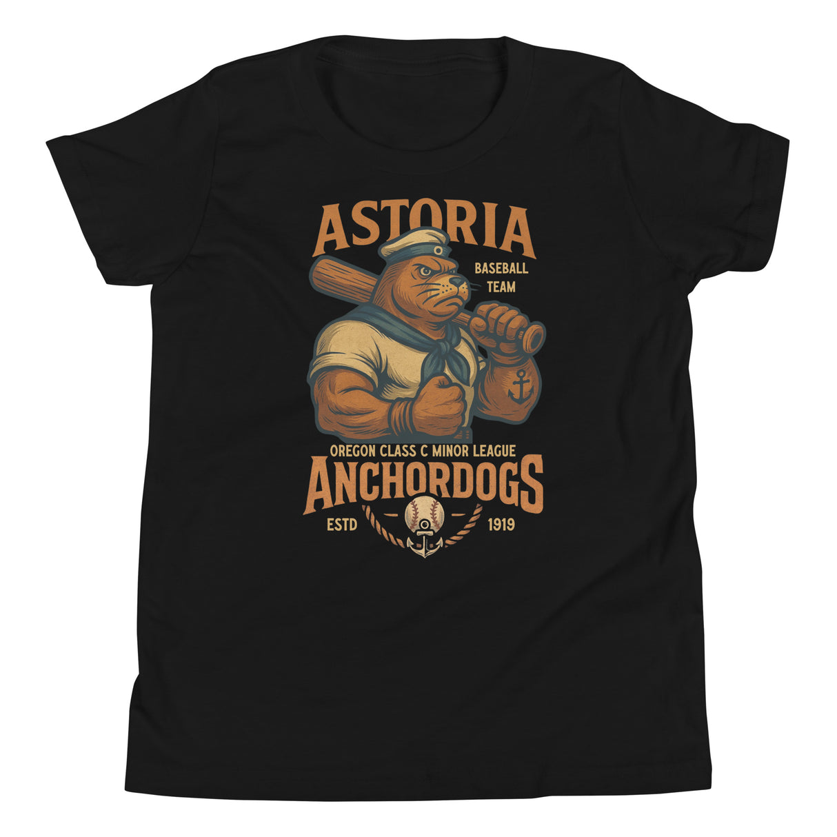 Flat lay of black youth Astoria Anchordogs t-shirt featuring retro sea lion baseball mascot in sailor uniform, printed on Bella Canvas 3001Y