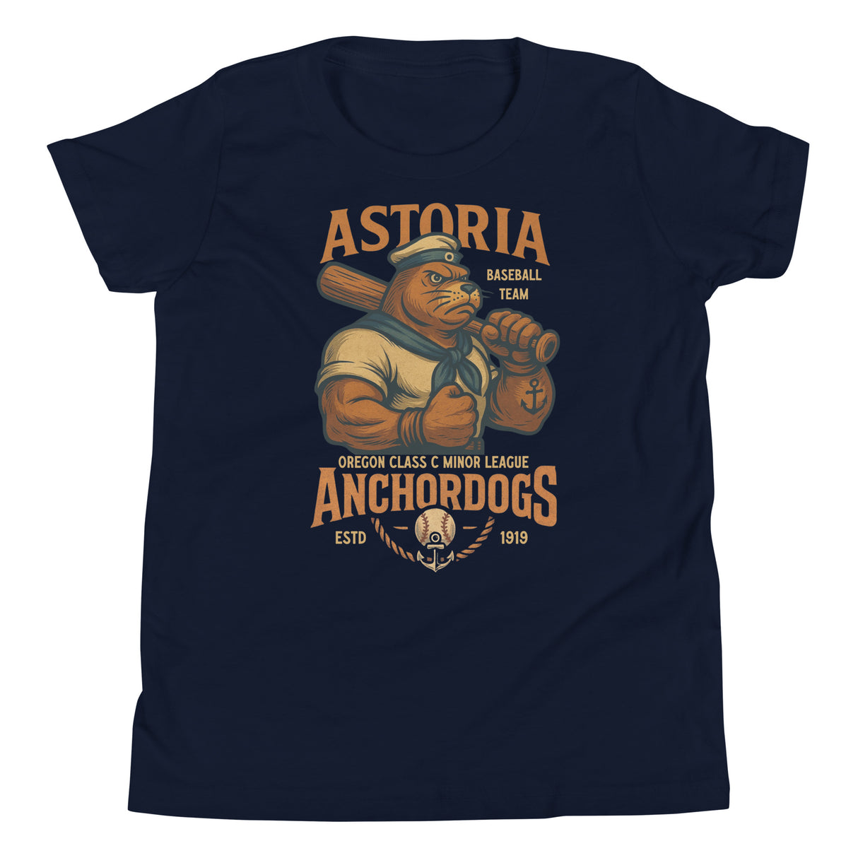 Flat lay of youth Astoria Anchordogs shirt in navy with vintage-style sailor sea lion baseball mascot design, on Bella Canvas youth tee