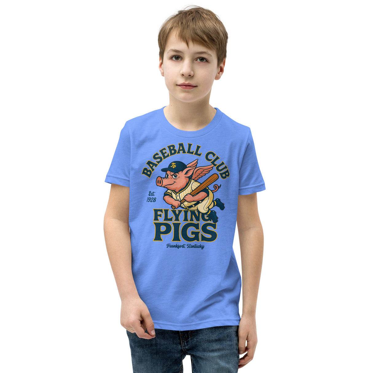 Young boy wearing heather columbia blue Frankfort Flying Pigs shirt featuring retro baseball pig mascot, soft Bella Canvas youth fit