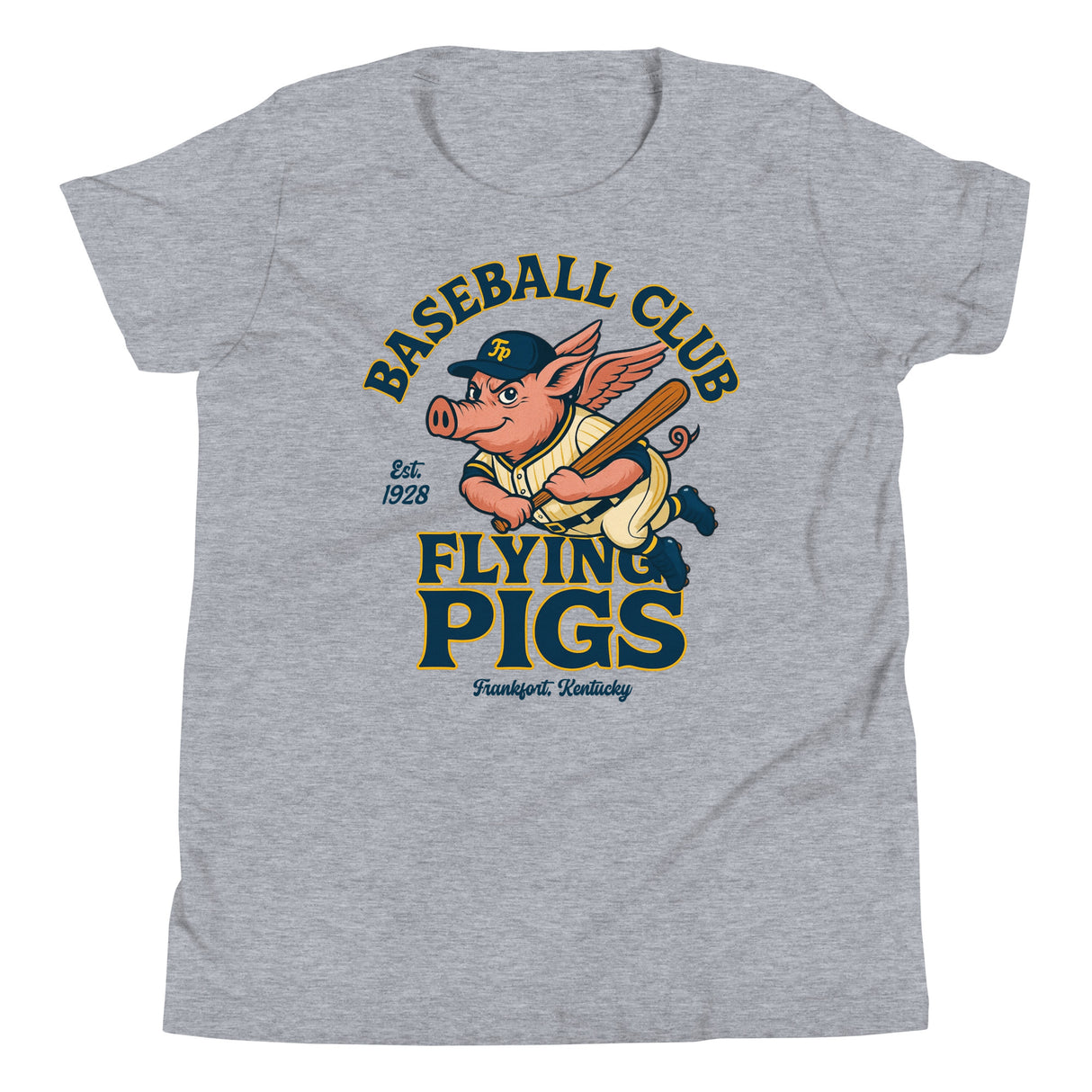 Flat lay of youth Frankfort Flying Pigs baseball tee in athletic heather with retro pig mascot swinging a bat, printed on Bella Canvas kids shirt