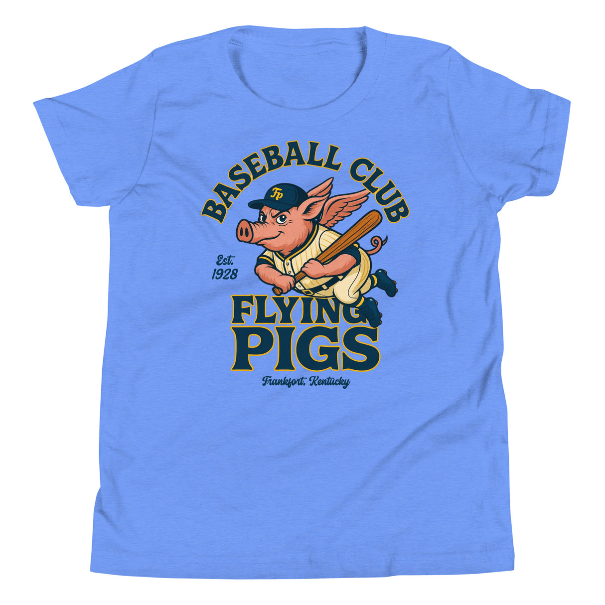 Flat lay of youth Frankfort Flying Pigs t-shirt in heather columbia blue featuring flying pig baseball mascot, Outfield Outlaws kids tee