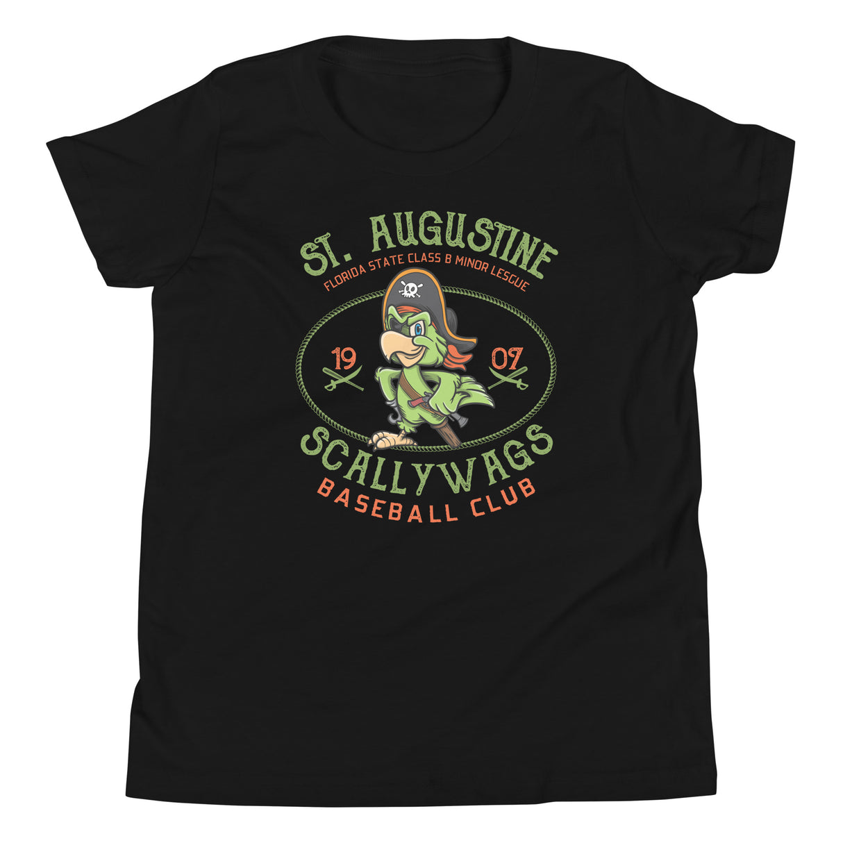 Flat lay front of youth St. Augustine Scallywags t-shirt in black featuring pirate parrot mascot