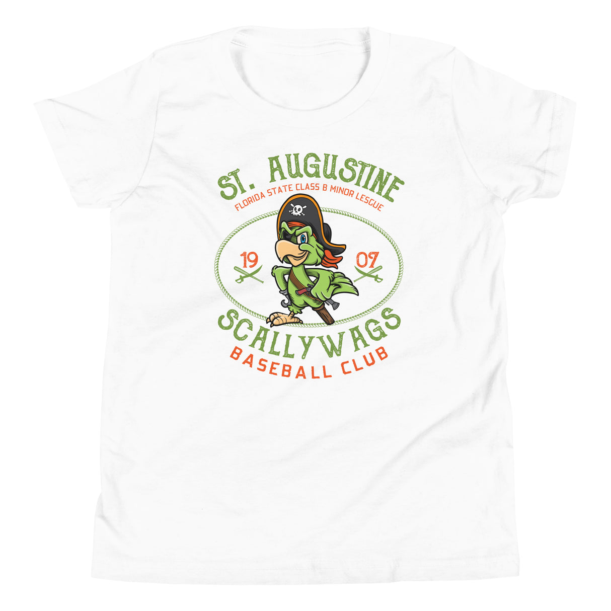 Flat lay front of youth St. Augustine Scallywags t-shirt in white with pirate parrot mascot design