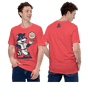 Man wearing red Outfield Outlaws Shirts On Deck tee featuring retro mascot Rookie the Raccoon on the front and Outfield Outlaws logo printed at the upper back